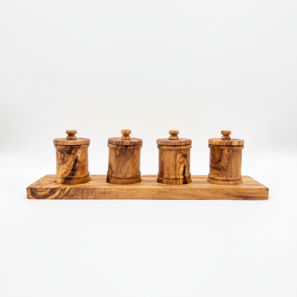 4 Olive Wood Canisters on Tray