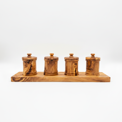 4 Olive Wood Canisters on Tray