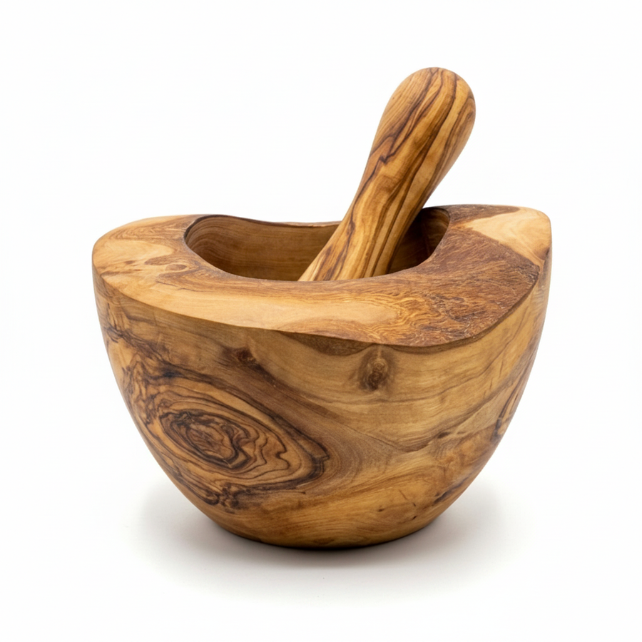 Olive Wood Mortar and Pestle Large - White Background