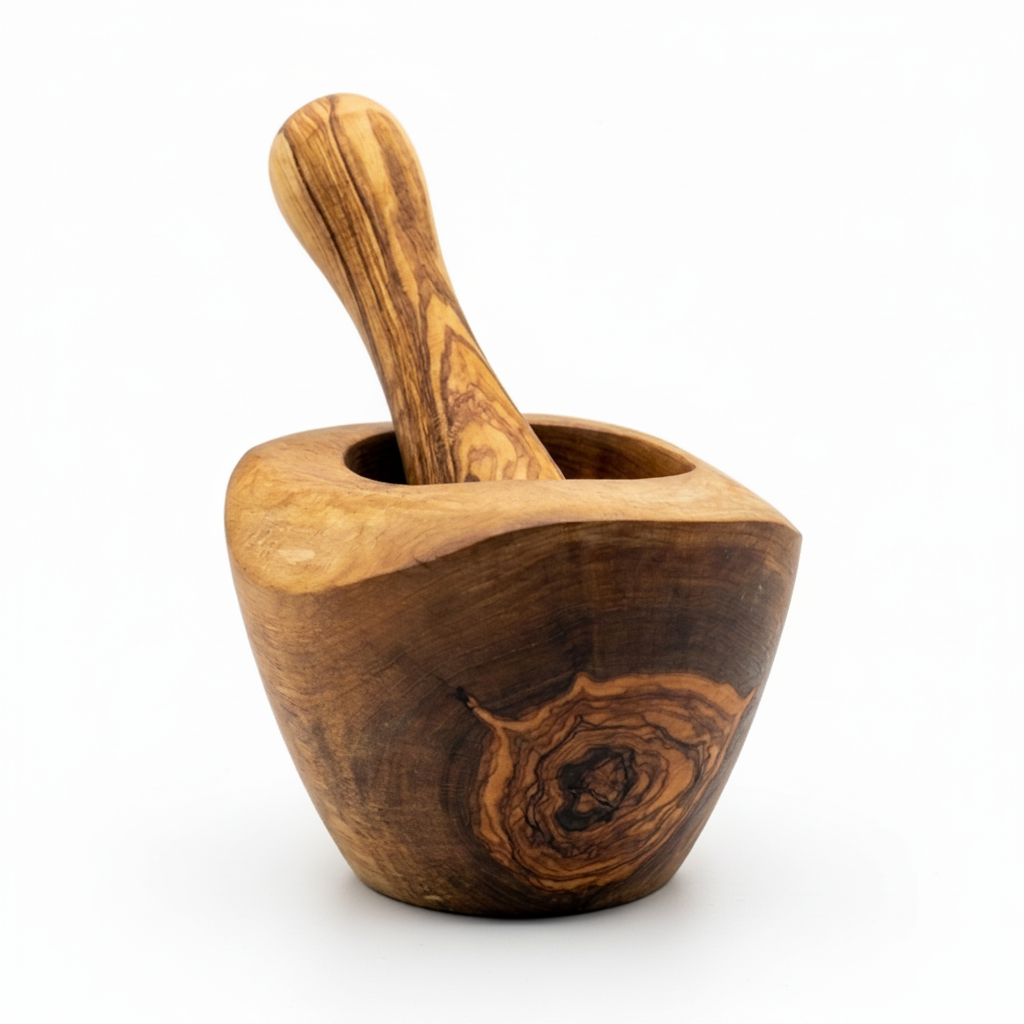 Olive Wood Mortar and Pestle Medium - White Background